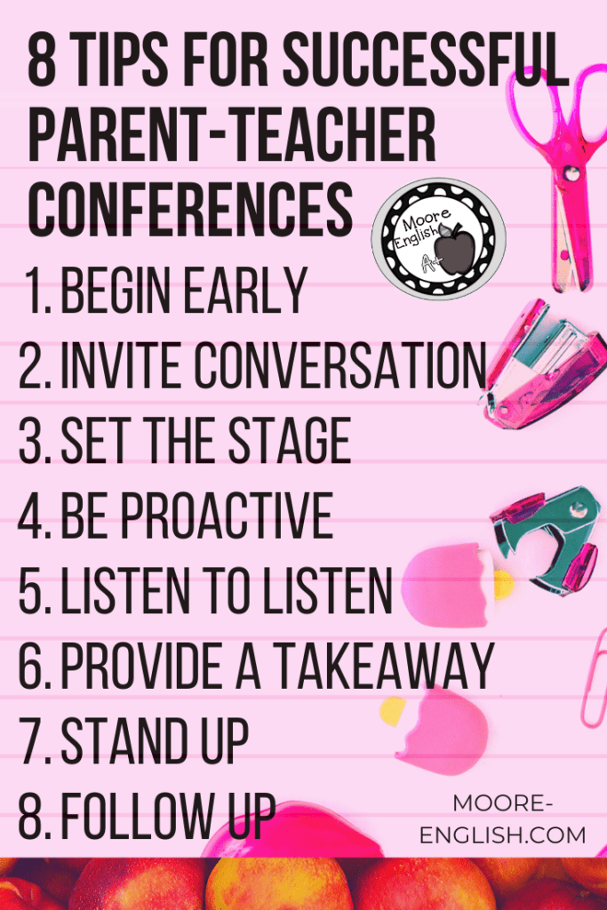 Pink background with assorted pink office supplies and black lettering about parent-teacher conferences 
