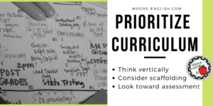 A calendar, planner, or desk agenda with lots of scribbles beside black text about prioritizing curriculum