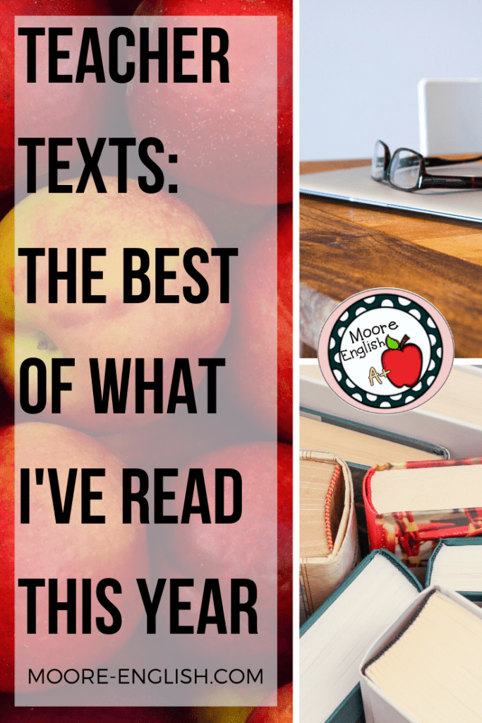 Black plastic reading glasses on an Apple laptop, books viewed from above, red apples, and white text about professional development texts for teachers 