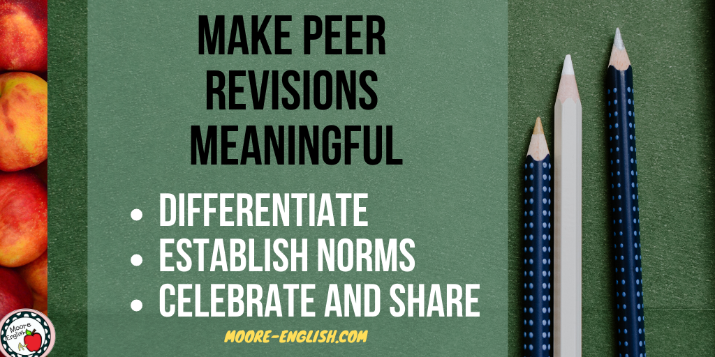 Green Background beside navy and white pencils and black text about making peer revision meaningful and reflective 