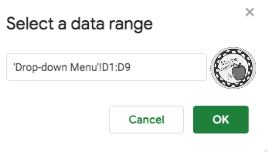 Screenshot of a completed data range box inside of Data Validation in Google Sheets