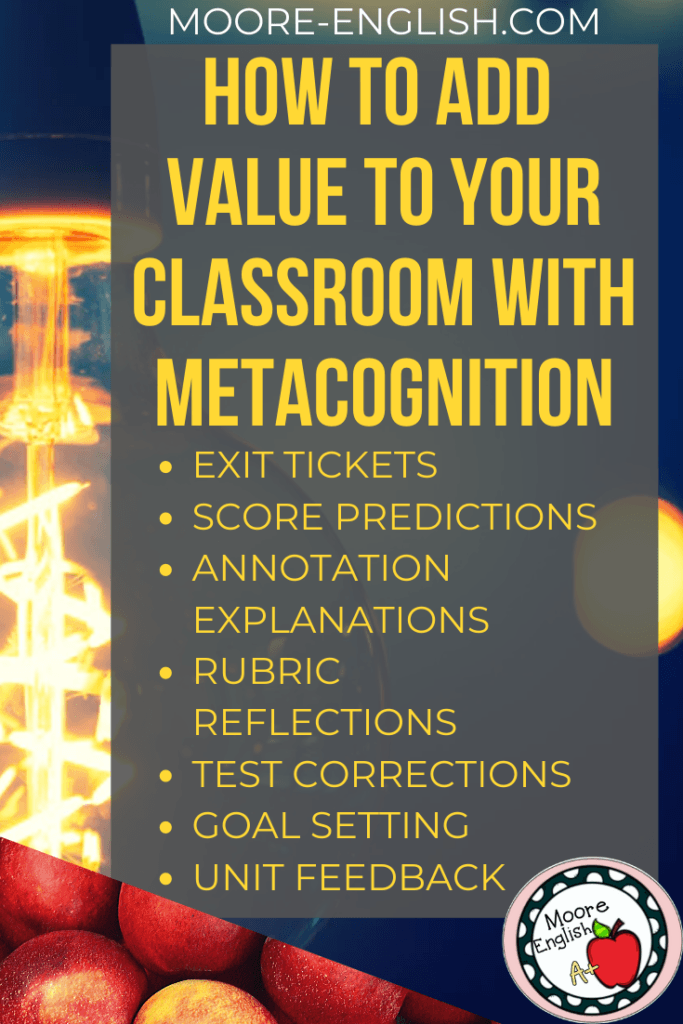 Gold and blue light bulb beside yellow and white lettering about adding metacognition to the classroom 