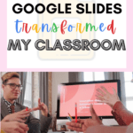 Group of people collaborate around a large desktop computer screen. This image appears under text that reads: Empower Students with Collaborative Google Slides #mooreenglish @moore-english.com