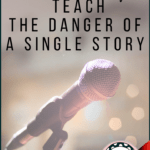 Microphone on stand before a field of hazy twinkle lights beside black text about teaching The Danger of a Single Story