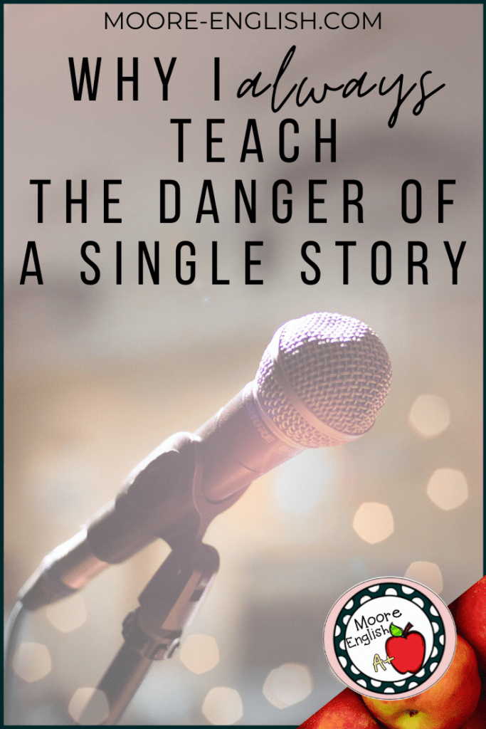 Microphone on stand before a field of hazy twinkle lights beside black text about teaching The Danger of a Single Story