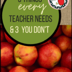 A basket of apples beside a brown burlap flatlay beside block lettering about what teachers need
