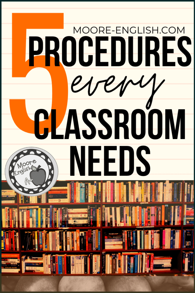 Book Shelt with Orange Background beside black and orange script about classroom procedures