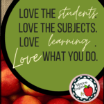 A basket of apples beside a brown burlap flatlay beside block lettering about loving teaching