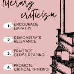 Pale pink infographic about 5 Reasons You Should be Teaching Literary Criticism, and 5 Ways to Make it Happen