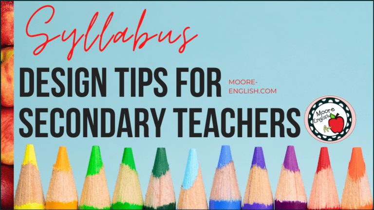 Light blue background with rainbow colored pencils beside black text about syllabus design