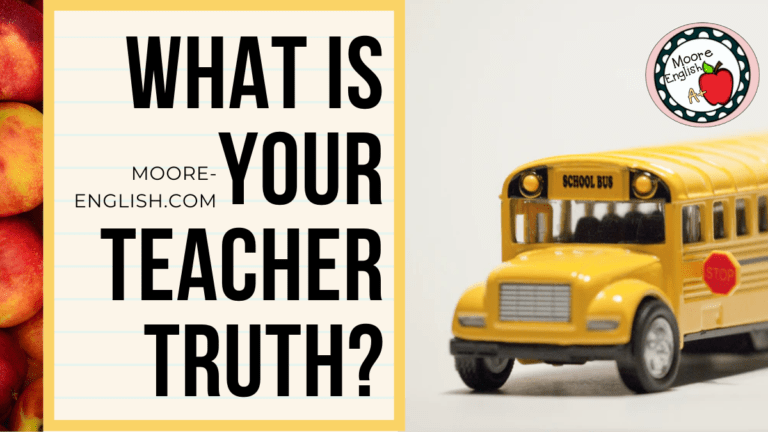 A toy yellow school bus beside black lettering about teacher truth