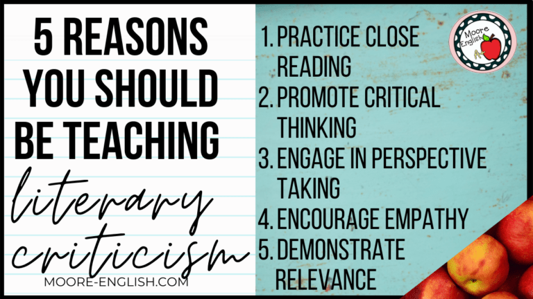 Scratched blue wall with lettering describing 5 reasons to teach literary criticism and 5 ways to make it happen
