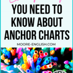Cup of Bright Colored Markers Beside Black and Pink Text About Using Anchor Charts in Secondary ELA