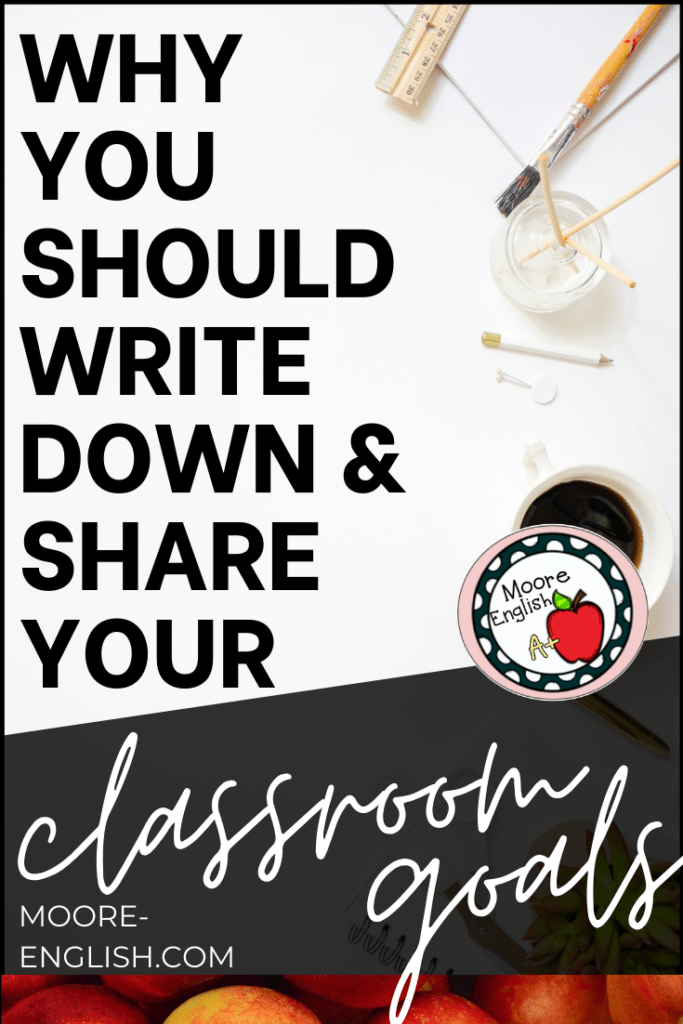 White Desk Flat Lay Featuring Office Supplies and a Cup of Coffee Beside Black and Red Lettering About Classroom Goals 