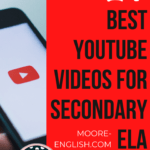 Black smartphone with Red and White YouTube logo on otherwise blank screen beside red background and black and white lettering about videos for teaching secondary ela