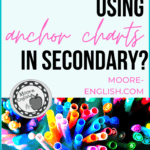 Cup of Bright Colored Markers Beside Black and Pink Text About Using Anchor Charts in Secondary ELA