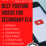 Black smartphone with Red and White YouTube logo on otherwise blank screen beside red background and black and white lettering about videos for teaching secondary ela