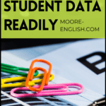 Colored paper clips on top of graph paper, beside a black plastic calculator, and near black block lettering about using student data professionally