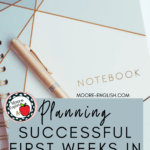 Golden pen sitting atop an open paper planner. This image appears under text that reads: Planning Successful First Weeks in Secondary #mooreenglish @moore-english.com