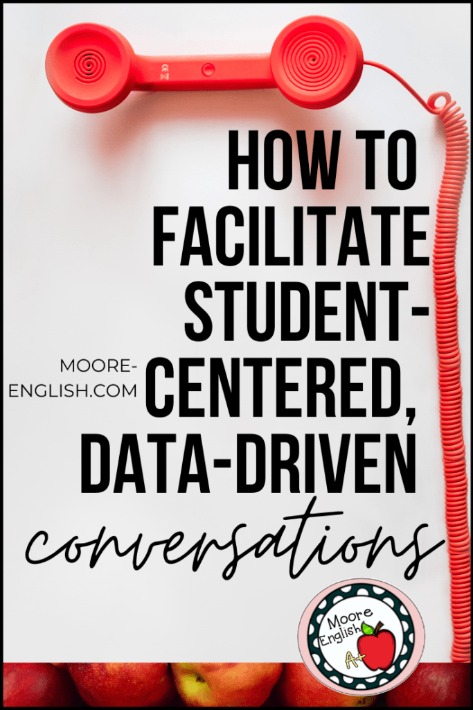 Red rotary phone beside black text about facilitating data-driven conversations with students