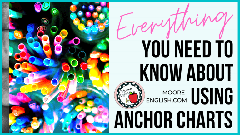 Cup of Bright Colored Markers Beside Black and Pink Text About Using Anchor Charts in Secondary ELA