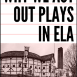 A black and white image of Shakespeare's Globe Theatre beside Black Lettering About Acting out Plays in ELA