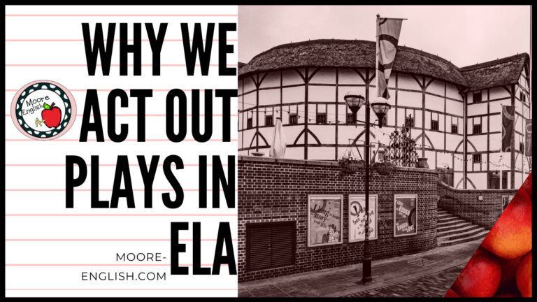 A black and white image of Shakespeare's Globe Theatre beside Black Lettering About Acting out Plays in ELA