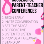 Pink background with assorted pink office supplies and black lettering about parent-teacher conferences