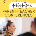 A blonde woman in a yellow and blue plaid jacket appears in profile. She is sitting at a table talking to others, who appear only in shadow. This image appears under text that reads: 8 Tips for Successful Parent-Teacher Conferences #mooreenglish