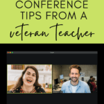 A screenshot of a white woman and a white man chatting virtually appears under text that reads: 8 Tips for Successful Parent-Teacher Conferences #mooreenglish
