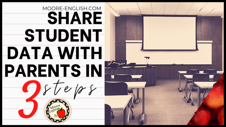 Sepia-toned Classroom with Projector Screen beside black lettering about sharing student data with parents