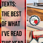 Black plastic reading glasses on an Apple laptop, books viewed from above, red apples, and white text about professional development texts for teachers