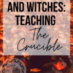 A black conical witch's hat on orange and golden autumn leaves to complement text about how to teach Arthur Miller's The Crucible