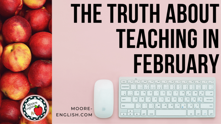 Pink background with silver and white Apple keyboard and mouse beside black text about the truth about teaching in February
