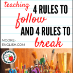 Stylish tin cans full of rulers, arts and craft supplies, colored pencils, and paint beside an image of lined paper and red and black lettering about the unspoken rules of education