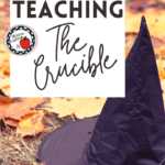 A black, pointed witch's hat rests atop fall leaves and appears under black text that reads: Communists and Witches: Teaching The Crucible