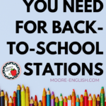 Colored pencils are lined up on a blue background under black and purple text that reads: The Best Back-to-School Stations for Busy Teachers