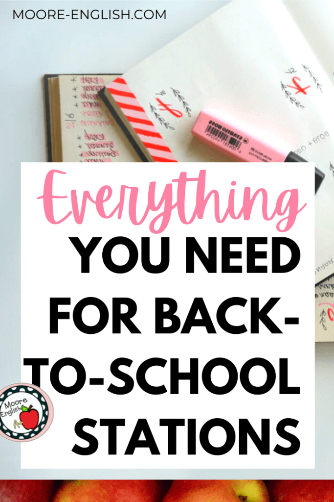 A pink planner with pink highlighter appears under black and pink text that reads: Everything you need for back-to-school stations