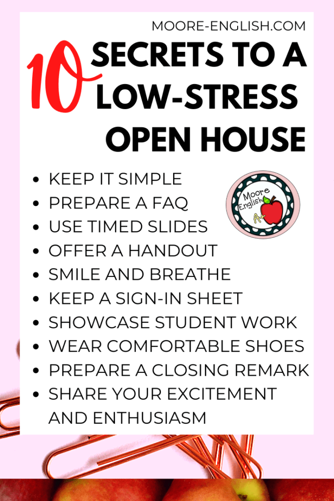 Red paper clips on a pink background beside text that reads: 10 Secrets to a Low-Stress Open House