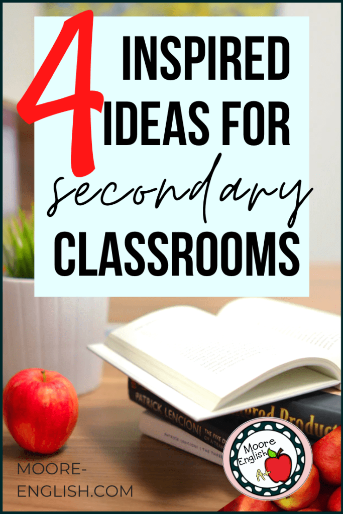 Apple beside a Stack of Books beside black and white lettering about elementary ideas for secondary classrooms