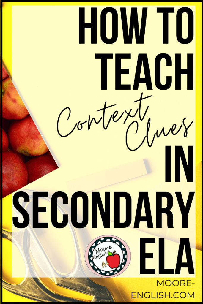 Yellow Desk Flatlay with Silver Scissors and White Stationary Beside Black Lettering about Teaching Context Clues in Secondary ELA