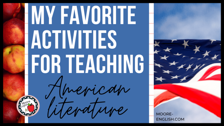 American flag beside white writing about activities for teaching American literature