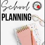 Pink and floral planner, rose-gold reading glasses on a white flatlay beside black lettering about planning for back to school