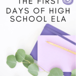Purple planners and pens sit on a white surface beside green leaves. This image appears under text that reads: Successfully Planning the First Three Days of Secondary #mooreenglish @moore-english.com