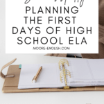 A woman in a brown sweater sits at a white table before a brown, open planner. This image appears under text that reads: Successfully Planning the First Three Days of Secondary #mooreenglish @moore-english.com