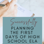 A woman sits at a marble table and writes in a planner. She sits beside an open Macbook. This appears under an image that reads: Successfully Planning the First Three Days of Secondary #mooreenglish @moore-english.com