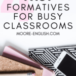 IPhone rests atop several journals. This appears under text that reads: 4 Formatives for Busy Classrooms (Fast, Fun, Fresh, Free)
