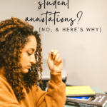 Student in a chunky orange sweater sits at a desk and reads. This image appears under text that reads: How to Assess Close Reading and Annotatio