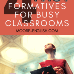 Blonde woman in a red shirt holds a tablet and looks upward. This image appears under text that reads: 4 Formatives for Busy Classrooms (Fast, Fun, Fresh, Free)