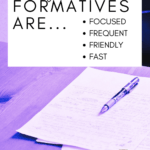Pen rests atop a stack of papers. This image appears under text that reads: 4 Formatives for Busy Classrooms (Fast, Fun, Fresh, Free)